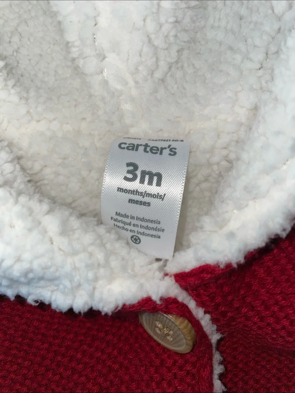 Carter’s size 3 mos fleece-lined red knit cardigan w/hood